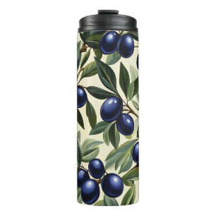 Elegant Olive Branch Pattern with Deep Blue Olives Thermal Tumbler