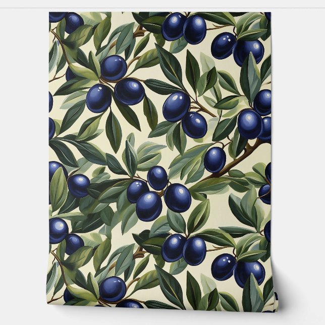 Elegant Olive Branch Pattern with Deep Blue Olives Wallpaper (Unrolling)