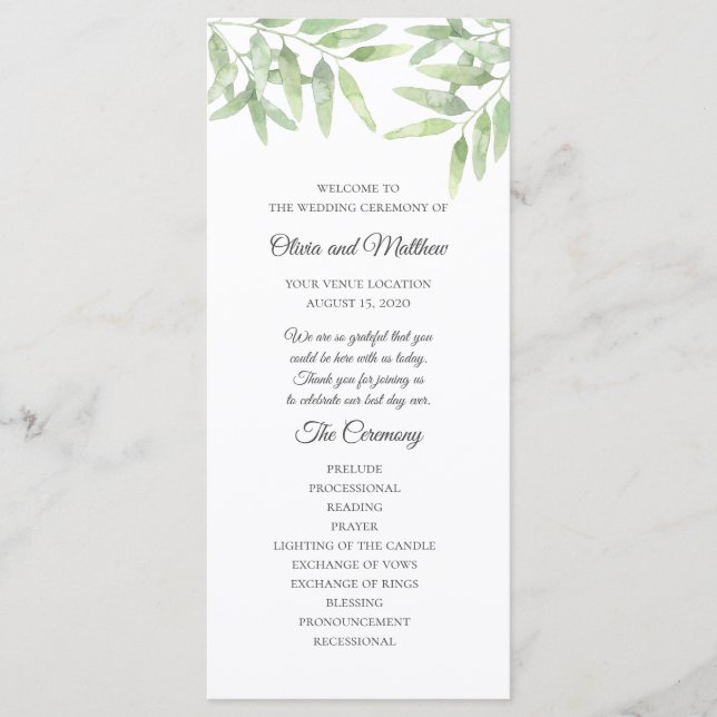 Elegant Olive Branch. Simple Wedding Program (Front)
