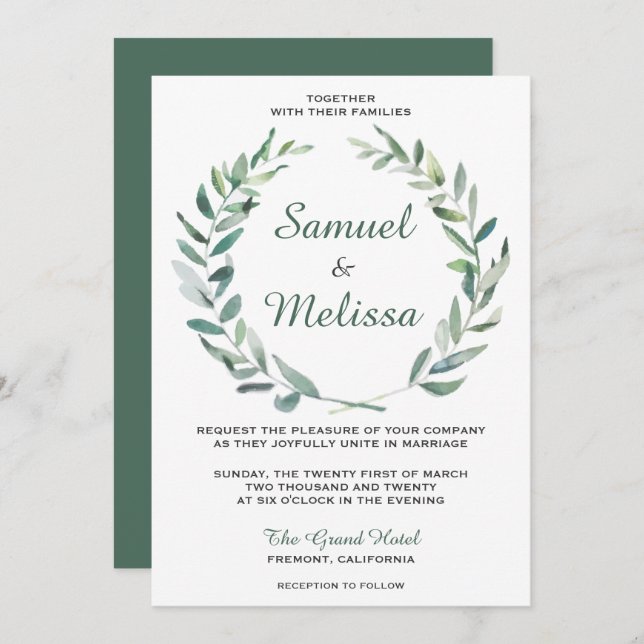 Elegant Olive Branch Watercolor Wedding Invitation (Front/Back)