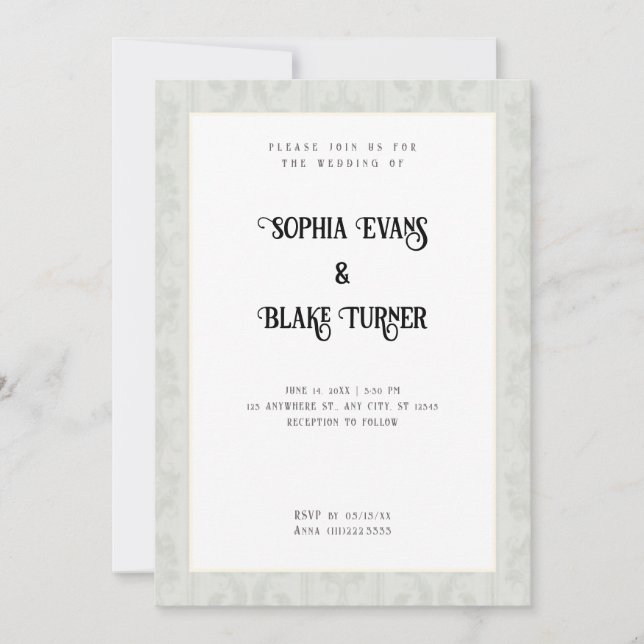 Elegant Olive Damask Traditional White Wedding Invitation (Front)