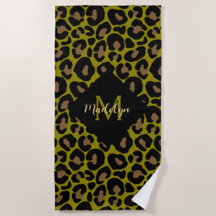 Elegant olive green and black leopard Monogrammed  Beach Towel
