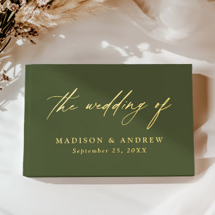 Elegant Olive Green and Gold Calligraphy Wedding Guest Book