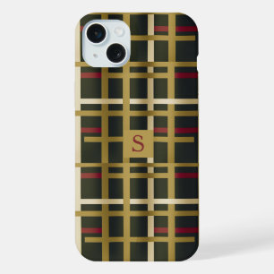 Elegant Olive Green and Gold Classic Plaid iPhone 15 Plus Case
