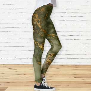 Elegant Olive Green and Gold Marble Leggings