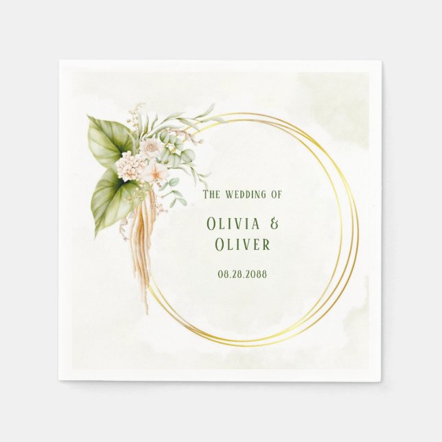Elegant Olive Green and Gold Wedding Napkin (Front)