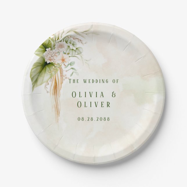 Elegant Olive Green and Gold Wedding Paper Plate (Front)