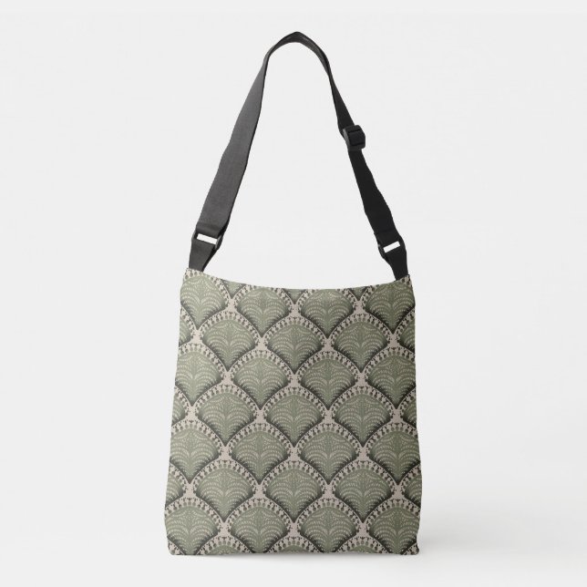 Elegant Olive Green Botanical Fan Pattern Neutral  Crossbody Bag (Front)