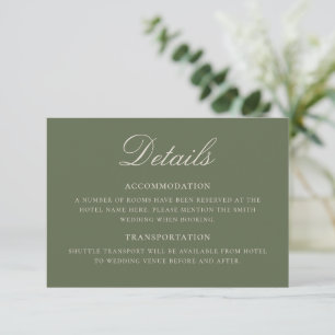 Elegant Olive Green Classic Wedding Details Enclosure Card