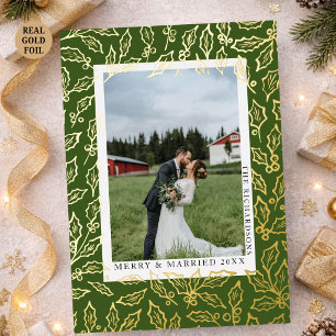 Elegant Olive Green First Christmas Married Photo Foil Holiday Card