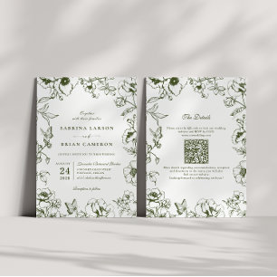 Elegant Olive Green Floral Garden QR Code Wedding Invitation