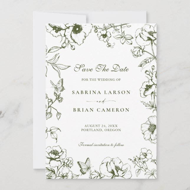 Elegant Olive Green Floral Garden Save The Date Invitation (Front)