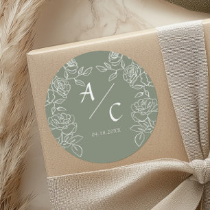 Elegant Olive Green French Roses Wedding Classic Round Sticker