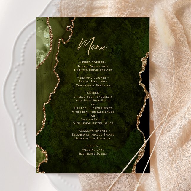 Elegant Olive Green Gold Agate Wedding Menu (Creator Uploaded)