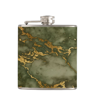 Elegant Olive Green Gold Faux Foil Marble Texture Hip Flask