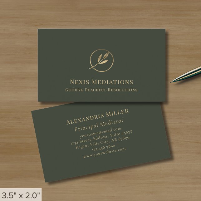 Elegant Olive Green Gold Leaf Logo Business Card (Creator Uploaded)