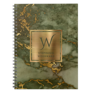 Elegant Olive Green Gold Marble Monogram Notebook