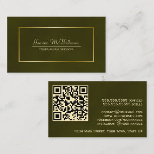 Elegant Olive Green & Gold Professional QR Code Business Card