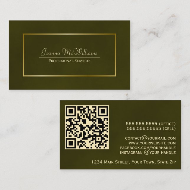 Elegant Olive Green & Gold Professional QR Code Business Card (Front/Back)
