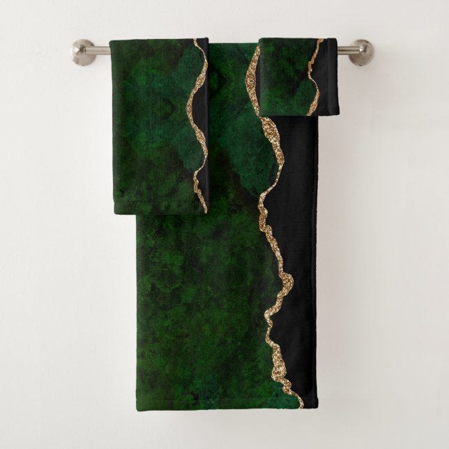 Elegant Olive Green Gold Watercolor Agate Bath Towel Set (Insitu)