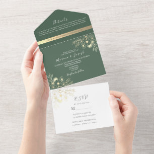 Elegant Olive Green Gold Wedding All In One Invitation