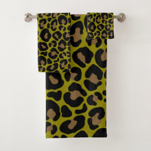 Elegant Olive Green Leopard Print Bath Towel Set