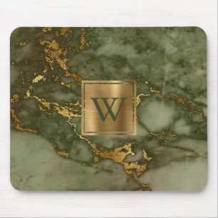 Elegant Olive Green Marble Gold Monogram Mouse Pad