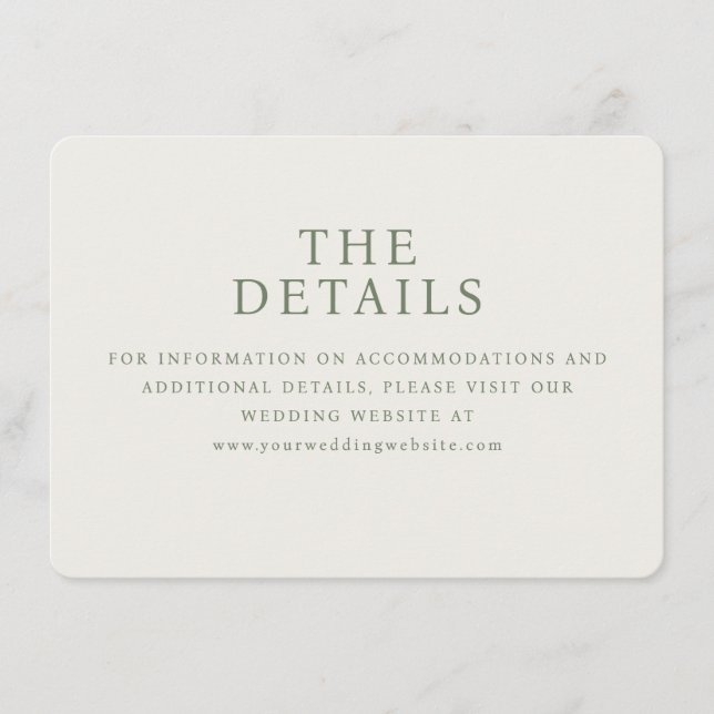 Elegant Olive Green Minimalist Wedding Details Car Enclosure Card (Front)