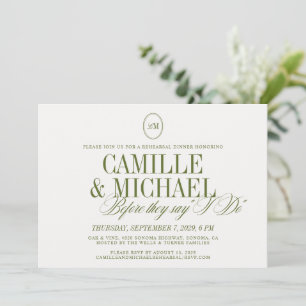 Elegant Olive Green Monogram Rehearsal Dinner Invitation