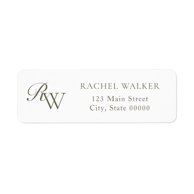 Elegant Olive Green Monogram Return Address Label (Front)