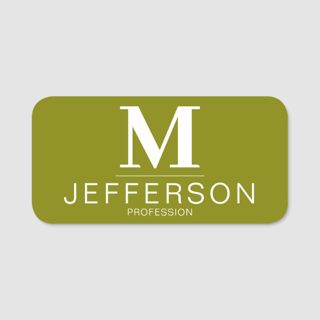 Elegant Olive Green Monogram: Trendy Professional Name Tag (Front)
