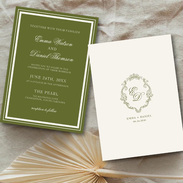 Elegant Olive Green Monogram Wedding Invitation (Elegant olive green monogram wedding invitation adds personal elegance to your celebration.)