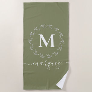 Elegant Olive Green Personalised Wreath Monogram Beach Towel