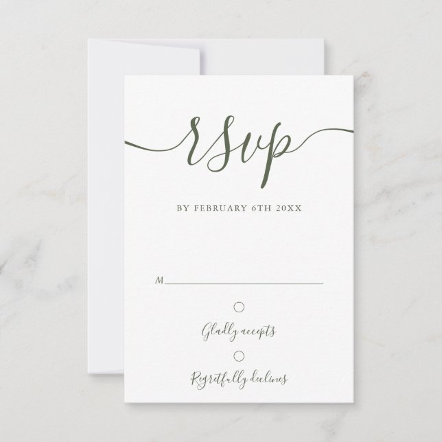 Elegant Olive Green Script Modern Wedding RSVP Card (Front)