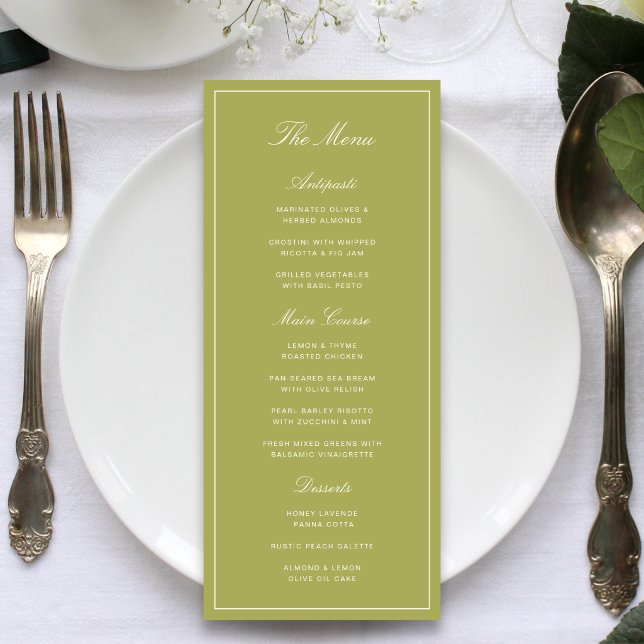 Elegant Olive Green Script Wedding Menu (Elegant olive green wedding menus present your dining details with timeless charm.)