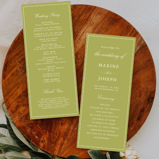 Elegant Olive Green Script Wedding Program (Elegant olive green wedding programs keep guests engaged with a polished, timeless touch.)