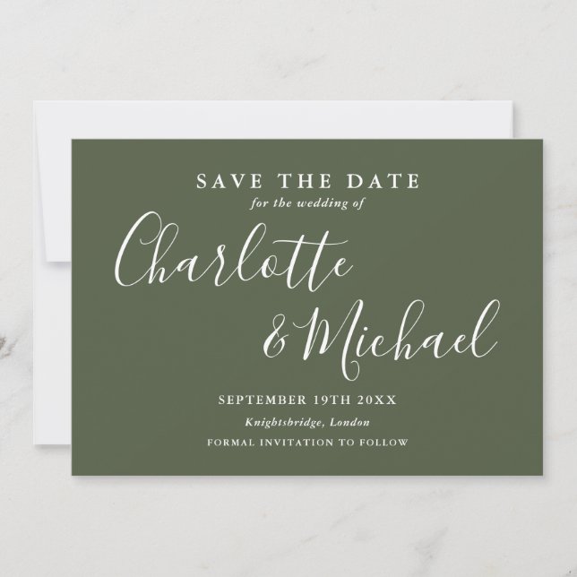 Elegant Olive Green Signature Script Photo Save The Date (Front)