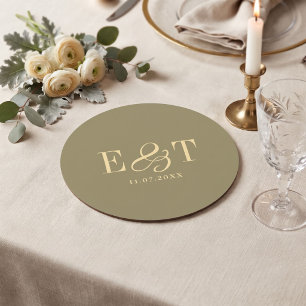 Elegant Olive Green Wedding Couples Initials Round Paper Coaster