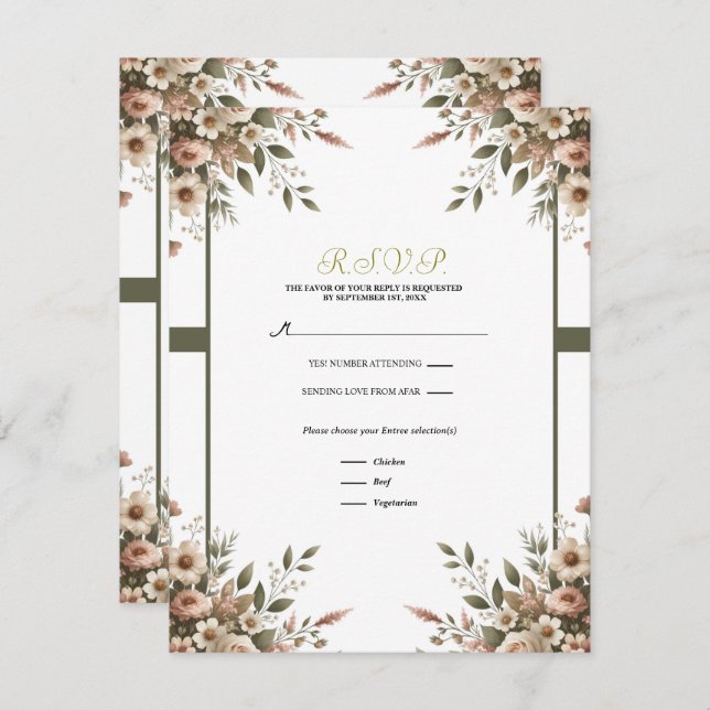 Elegant Olive Green & White Floral Corner RSVP Invitation (Front/Back)