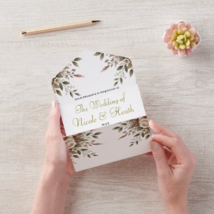 Elegant Olive Green & White Floral Corner Wedding  All In One Invitation