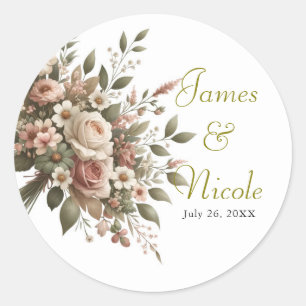 Elegant Olive Green & White Floral Corner Wedding  Classic Round Sticker