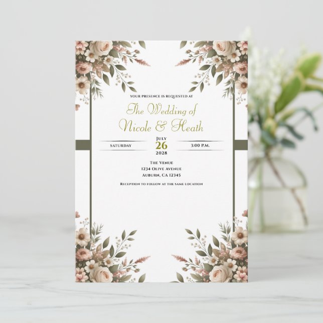 Elegant Olive Green & White Floral Corner Wedding  Invitation (Standing Front)