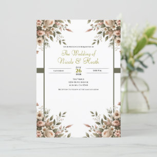 Elegant Olive Green & White Floral Corner Wedding Invitation