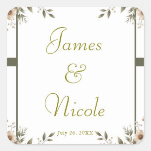 Elegant Olive Green & White Floral Corner Wedding  Square Sticker