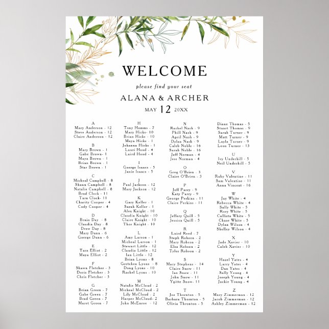 Elegant Olive Greenery Alphabetical Seating Chart (Front)