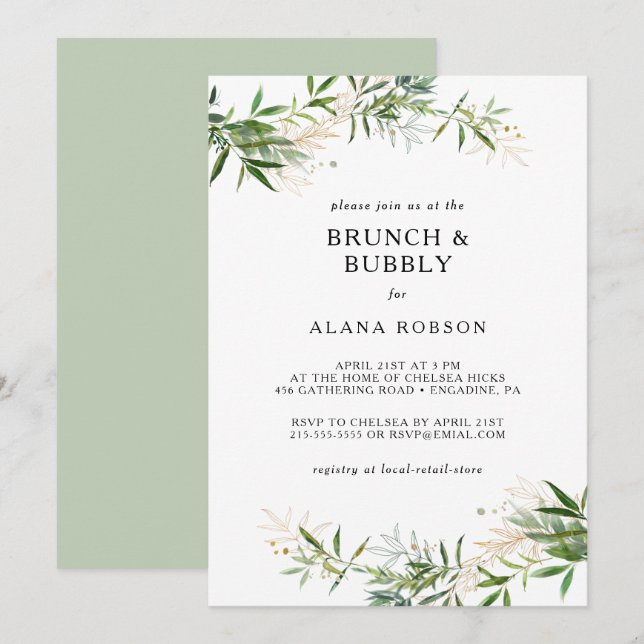 Elegant Olive Greenery Brunch and Bubbly Shower In Invitation (Front/Back)