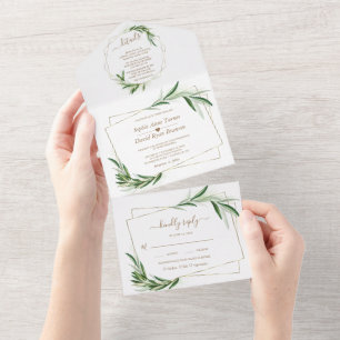 Elegant Olive Greenery Gold Wedding  All In One In Invitation