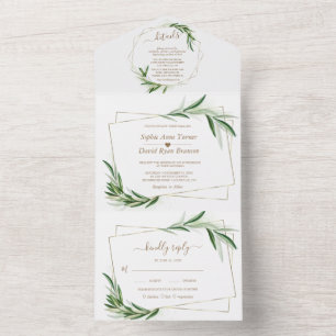 Elegant Olive Greenery Gold Wedding All In One Invitation