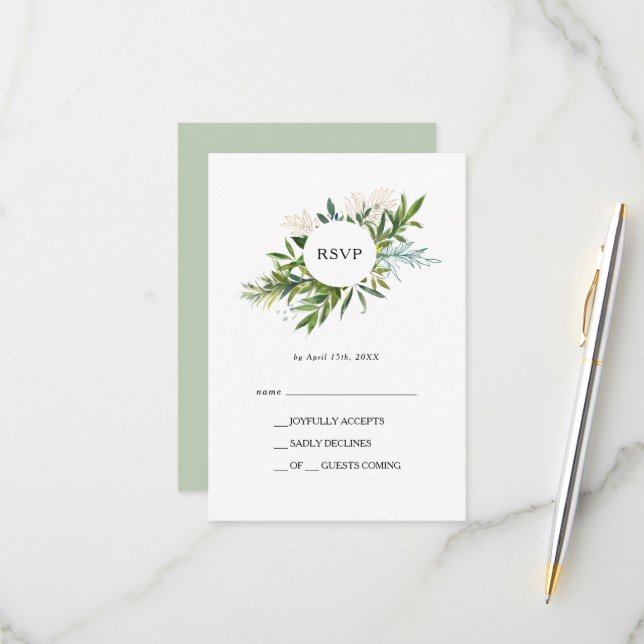 Elegant Olive Greenery RSVP Card (Front/Back In Situ)