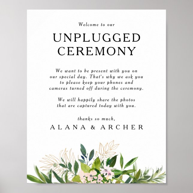 Elegant Olive Greenery Unplugged Ceremony Sign (Front)